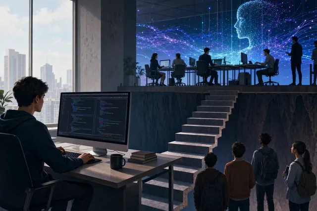 Editorial illustration representing AI coding tools and the changing entry-level software engineering career ladder