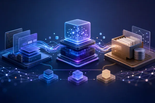 Illustrative visualization of a shared memory system connecting AI agents, tools and stored context