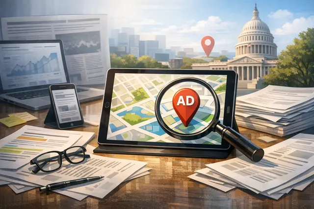 Apple Maps ad interface showing a sponsored listing with a blue halo