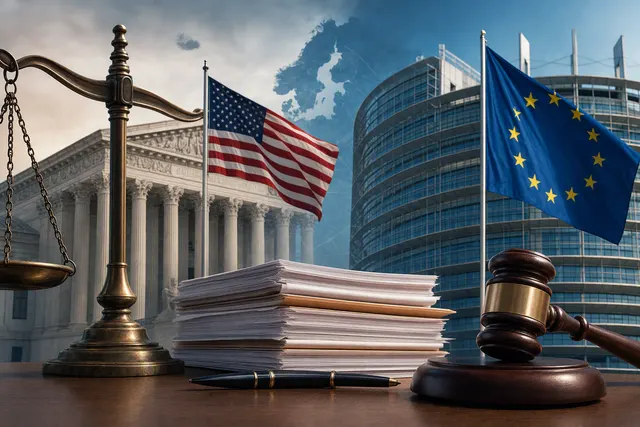 Editorial illustration representing the US–EU dispute over the Digital Services Act fine against X