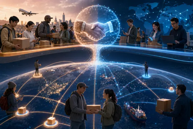 Concept illustration of decentralized logistics network connecting travelers and deliveries globally
