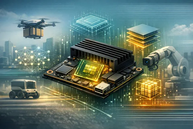 Compact NVIDIA Jetson Orin Nano 2 edge-AI computer concept powering a robot and delivery drone