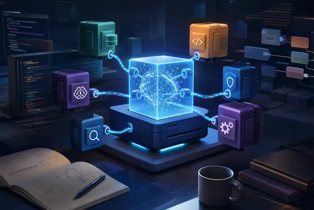 Editorial illustration of a modular AI agent runtime with connected plugin components