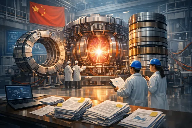 Editorial visualization of a large superconducting magnet inside a fusion reactor tokamak with glowing plasma, representing China's artificial sun breakthrough.