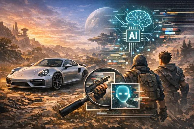 Illustration of a gaming controller and AI neural network visual overlapping a car steering wheel, referencing the Fortnite and Porsche AI image controversy.
