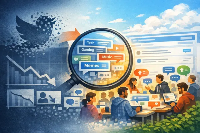 Abstract illustration of a social media platform shifting from a broadcast megaphone to interconnected community hubs, symbolizing Bluesky's pivot from Twitter-style feeds to Reddi