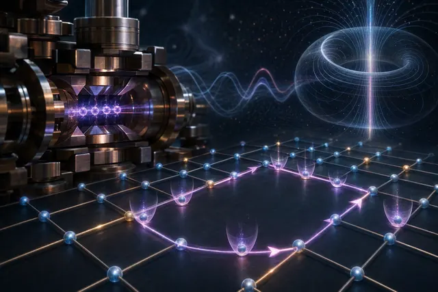 Conceptual illustration for a hybrid trapped-ion quantum simulation of Aharonov–Bohm interference.