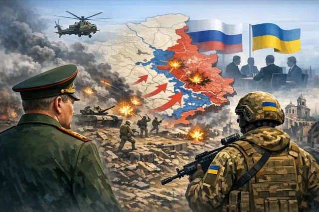 Editorial illustration of the Ukraine front near Sloviansk and Kostiantynivka, showing contested advances and long-range strikes