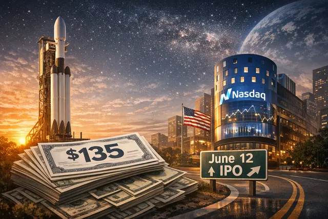 Illustration depicting SpaceX's stock market debut, with the ticker symbol SPCX on a Nasdaq-themed screen alongside a rocket launch.