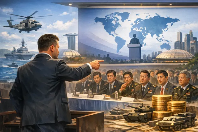 Split composition showing U.S. Defense Secretary Pete Hegseth demanding a 3.5 percent GDP defense budget and Singapore's Defence Minister Chan Chun Sing advocating for trust-buildi