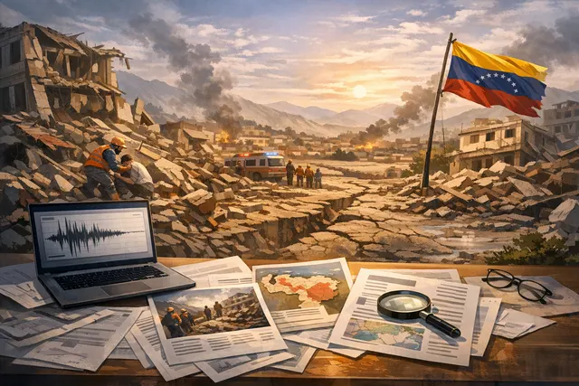AI-generated visualization of a devastated urban landscape after earthquakes, with collapsed buildings and rescue operations, representing the June 2026 Venezuela twin earthquakes.