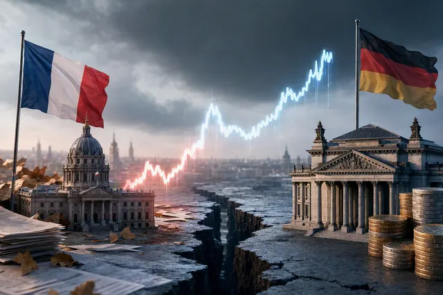 Editorial illustration about the widening yield spread between French and German government bonds