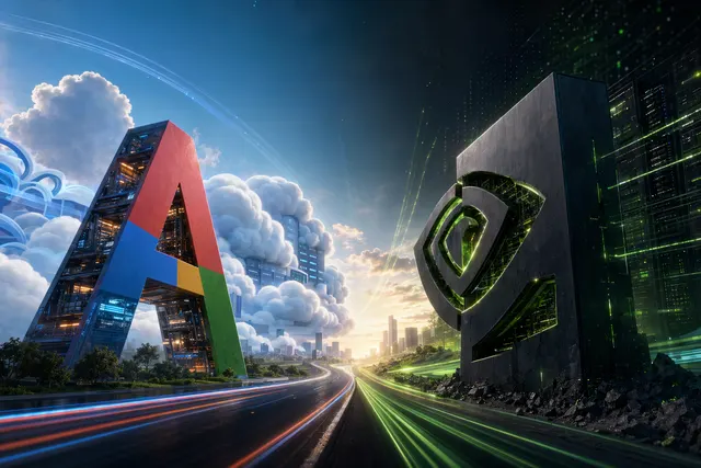 抽象圖像呈現 Alphabet 與 Nvidia 在 AI、雲端和市值競逐上的對比