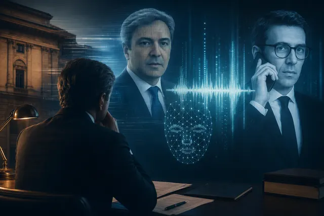 Editorial illustration for a report on an AI-enabled impersonation scam targeting Fideuram