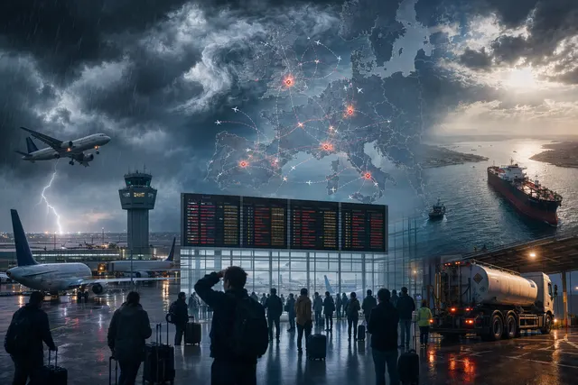Passengers and aircraft at a busy European airport during widespread flight delays and cancellations