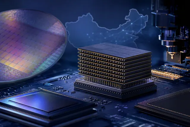 Editorial illustration of advanced HBM memory stacks and semiconductor packaging
