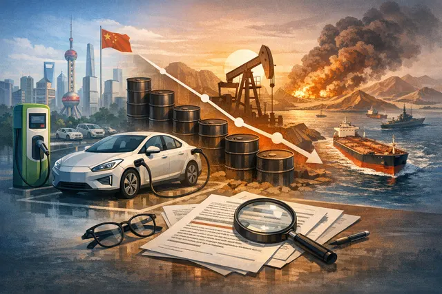 Graphic illustration of electric vehicle charging next to oil barrel, representing the EV-driven oil demand disruption forecast by Goldman Sachs.