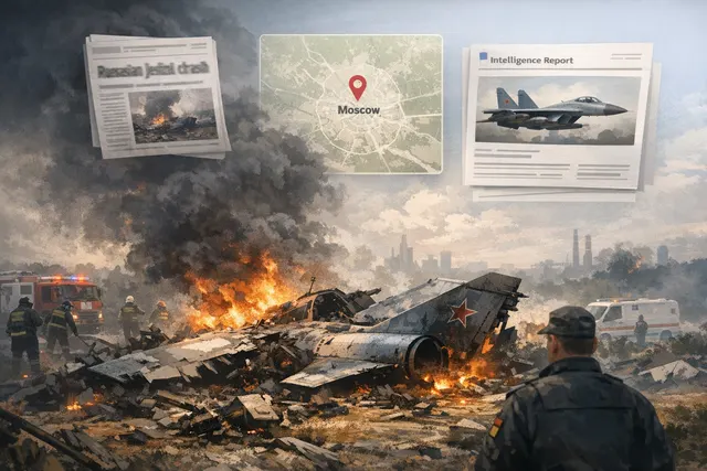 An AI-generated editorial image of a Su-57 Felon stealth fighter jet on fire in a field near Moscow