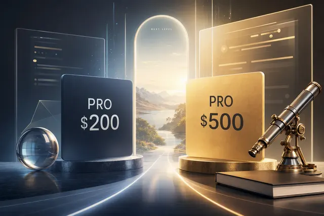 Illustration accompanying a comparison of ChatGPT Pro 200 and Pro 500 prices, usage limits and features
