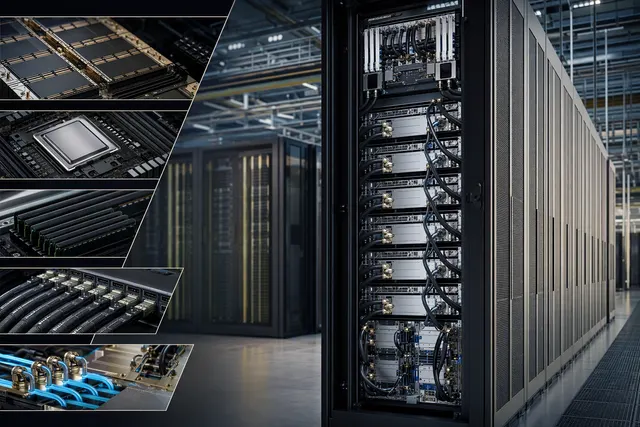 AI-generated editorial illustration accompanying an article about liquid-cooled Vera Rubin NVL72 data-center racks