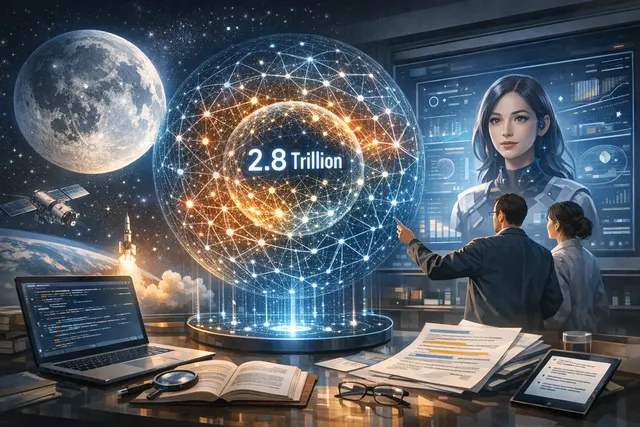 AI-generated editorial visual representing Kimi K3, Moonshot AI's large open-source model with 2.8 trillion parameters