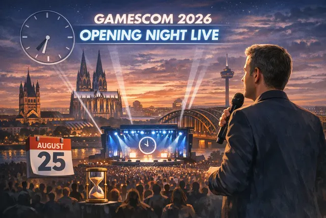 AI-generated editorial illustration of Gamescom 2026 Opening Night Live in Cologne