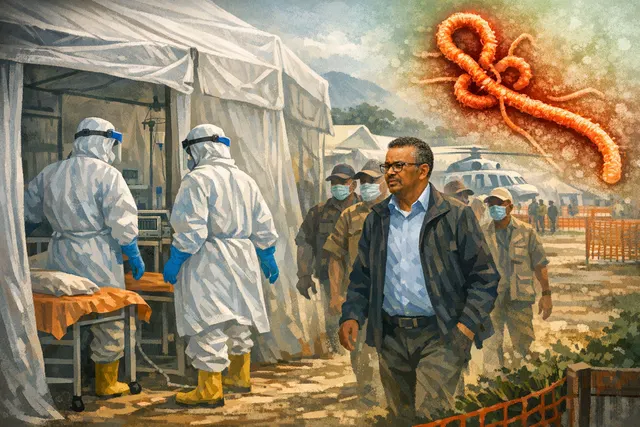 AI-generated editorial hero image for the Ebola outbreak in eastern Congo and Uganda article.