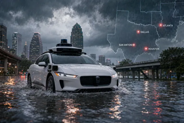 Autonomous Waymo robotaxi driving on a city street during heavy rain and flooding conditions