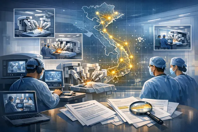 Conceptual illustration of connected robotic surgery systems and a medical network map of Vietnam, representing Vinmec's multi-connected robotic surgery ecosystem.