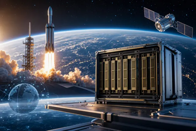 Editorial illustration of an AI computing satellite in orbit above Earth