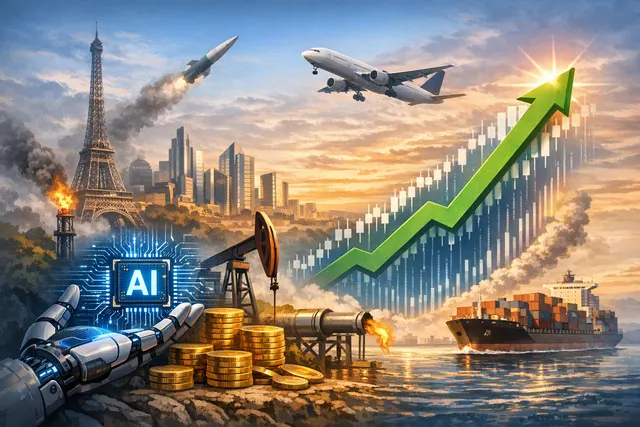 A visualization of the global AI chip rally propelling stock market growth in Europe and the US.