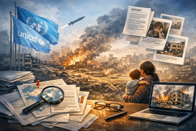 Illustration of destruction from a long-range missile and drone attack in a Ukrainian city, representing the escalation in civilian harm and damage to humanitarian aid warehouses.