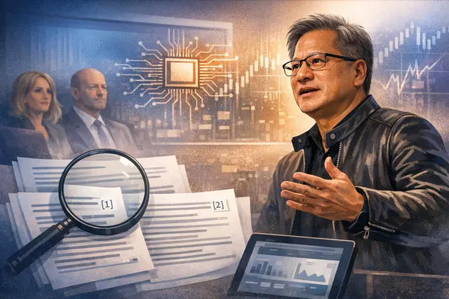 Nvidia CEO Jensen Huang at a Morgan Stanley roadshow, with financial figures and AI chip graphics representing the company's quarterly revenue approaching $100 billion