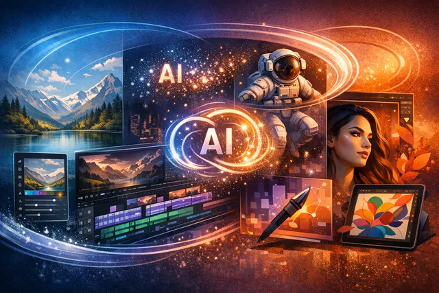 A digital montage of Adobe Creative Cloud app icons with glowing AI circuit-like lines and a futuristic creative studio backdrop.