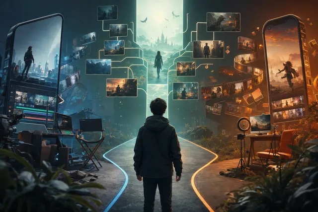 Conceptual illustration of AI tools helping creators build branching interactive video stories