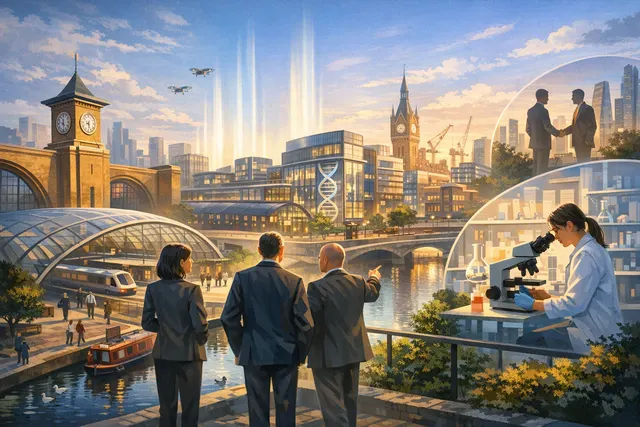 A conceptual illustration of Cambridge and London connected by a digital network, symbolizing the deep tech bridge between the two ecosystems and the search for more information on