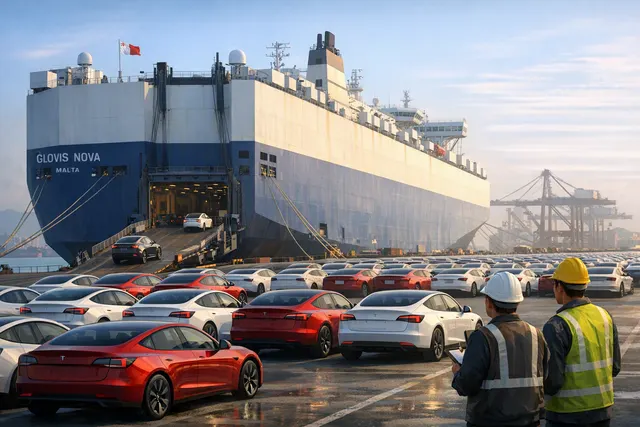 AI-generated image of the Glovis Nova, a large roll-on/roll-off car carrier, at sea with containers and a cargo ship silhouette in the background