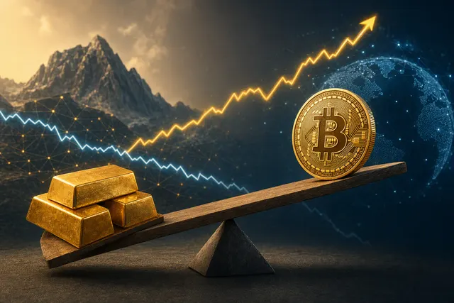 Editorial illustration representing Bitcoin and gold as investment assets