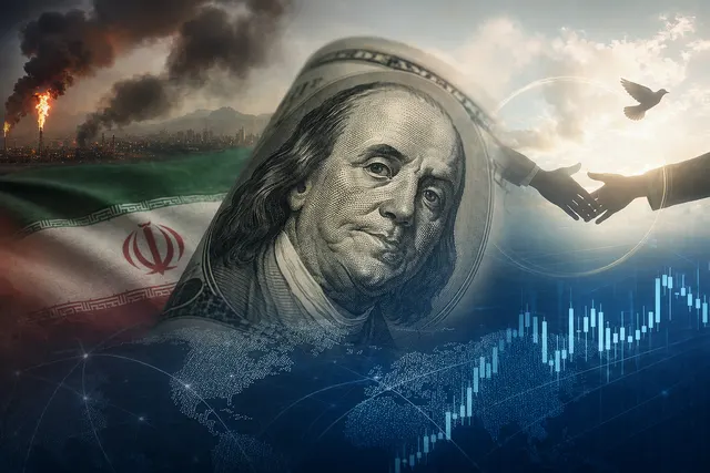 Illustration representing currency markets reacting to geopolitical tensions between the United States and Iran