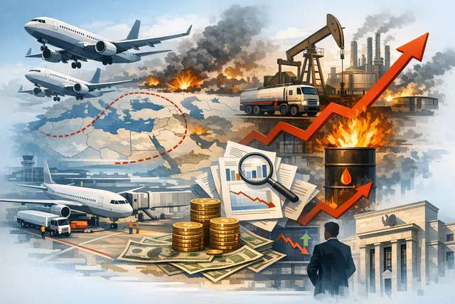Graphic showing an airplane silhouette over a backdrop of oil barrels and financial charts, representing the impact of the Iran war on airline fuel costs and markets.