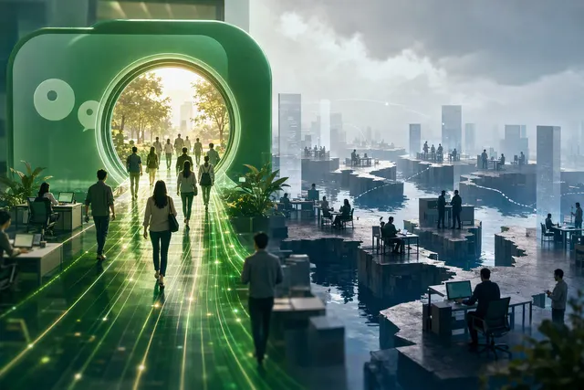Editorial illustration of AI workplace agents and connected office workflows in China