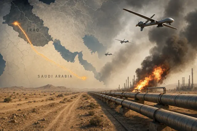 Illustration of an oil pipeline in Saudi Arabia following a reported drone attack
