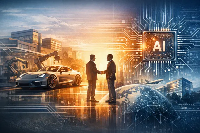Editorial illustration of Porsche and Tata Consultancy Services partnering on artificial intelligence for automotive engineering and manufacturing