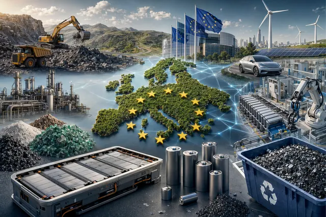 Illustration of electric vehicles, battery cells and European industrial supply chains