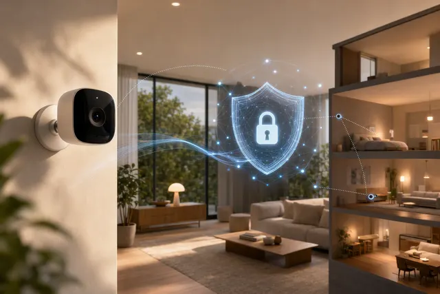 Editorial illustration of an Apple-style smart home security camera and display hub