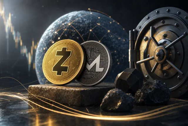 Editorial illustration representing Zcash and Monero’s gains against a largely flat cryptocurrency market