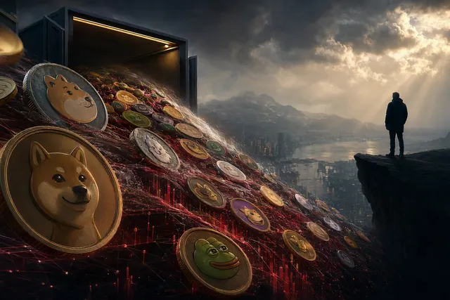 Editorial illustration for an analysis of memecoin selling pressure and declining market share.
