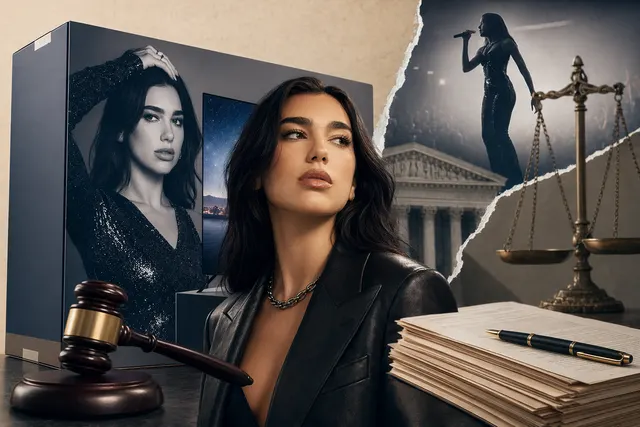 AI-generated editorial illustration of Dua Lipa, Samsung TV packaging, and legal documents