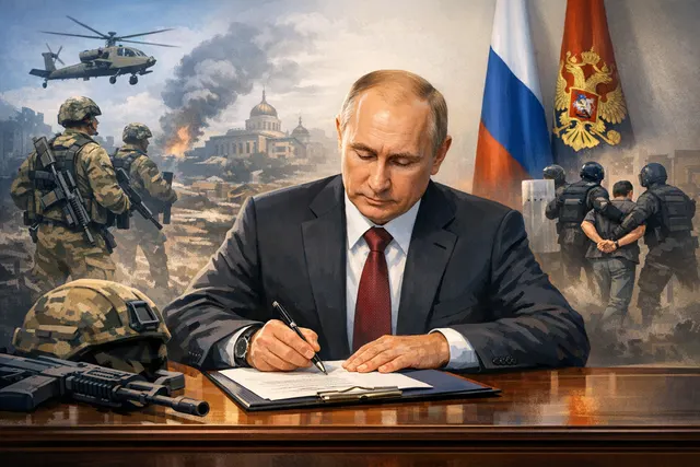 Official document and military formation illustrating the new Russian law authorizing troop deployment abroad to protect citizens from foreign courts.