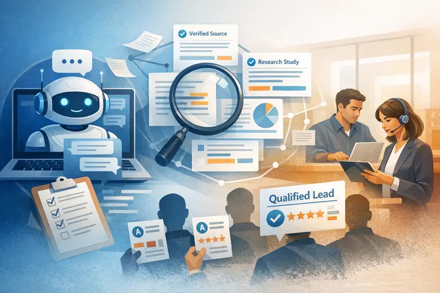 AI chatbot interface on a laptop screen showing a lead qualification conversation with a B2B SaaS visitor